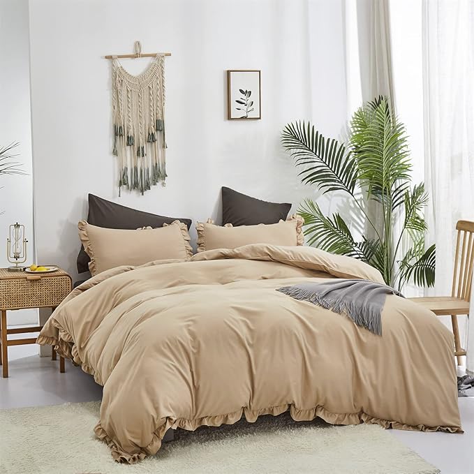 CLOTHKNOW Taupe Ruffle Queen Comforter Set Champagne Bedding Comforter Sets Soft Shabby Chic Farmhouse Comforter with 2 x Pillow Cases