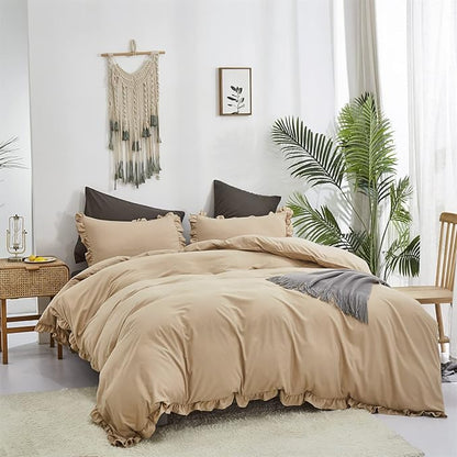 CLOTHKNOW Taupe Ruffle Queen Comforter Set Champagne Bedding Comforter Sets Soft Shabby Chic Farmhouse Comforter with 2 x Pillow Cases