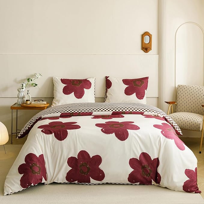 KAREVER Burgundy Floral Comforter Twin White with Burgundy Flower Bedding Set 3 PCs Comforter Set Twin Size Comforter (68x90 Inches) with 2 Pillowcases (26x26 inches)
