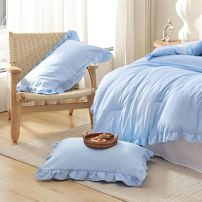 JANZAA Ruffle Light Blue Comforter Set Full Size Comforter 3PCS 1 Emerald Comforter and 2 Pillowcases Vintage Farmhouse Shabby Chic Bedding Soft Fluffy Comforter Set All Season (Light Blue, Full)
