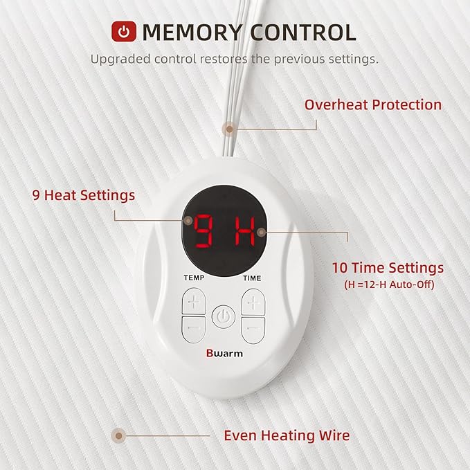 Bwarm Waterproof Heated Mattress Pad, ETL Certified Bed Warmer with 9 Heat Settings, 1-12 Hours Auto Off Deep Pocket, Machine Washable, White Twin