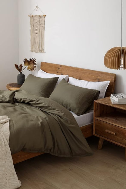XZ XIFA Olive Green 100% Linen Queen Size Bedding Set, Cooling Duvet Cover with Natural Washed French Flax，Soft,Breathable,Textured,Fluffy Duvet Cover (1 Duvet Cover,2 Pillow Shams)