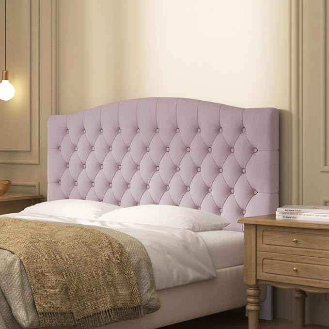 Furpopup Velvet Queen Size Headboard Only, Upholstered Wall Mount, Pink | 2 ways to use:Wall-mounted (for adjustable bed) and bed frame mounted, Easy to assemble, Classic button design headboard