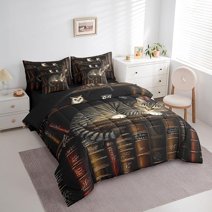Feelyou Vintage Library Comforter Set 7 Pieces Twin Size Book Cat Bedding Set for Boys Girls Cute Bookshelf Bed in a Bag with Comforter, Sheets, Pillowcases & Cushion Covers