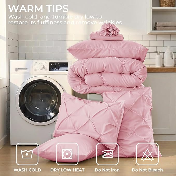 Sasttie California King Comforter Set, 7-Piece Bed in a Bag, Pintuck Bedding Sets for All Season, Includes Comforter, Flat Sheet, Fitted Sheet, Pillowcases and Pillowshams, Baby Pink