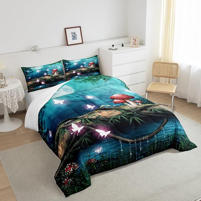 Red Mushroom Comforter King Size,Moon Night Sky Jungle Comforter Set Bedding Set for Kids Adults,Magical Butterfly Cartoon Plant Duvet Set Ultra Soft Room Decor 3Pcs Quilt Set