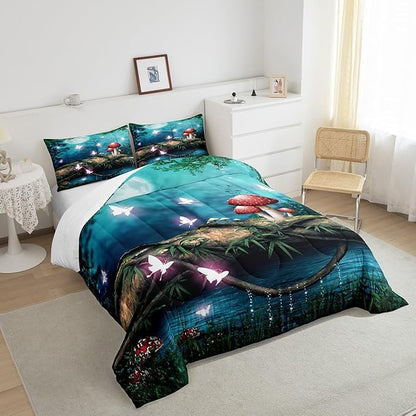 Red Mushroom Comforter King Size,Moon Night Sky Jungle Comforter Set Bedding Set for Kids Adults,Magical Butterfly Cartoon Plant Duvet Set Ultra Soft Room Decor 3Pcs Quilt Set