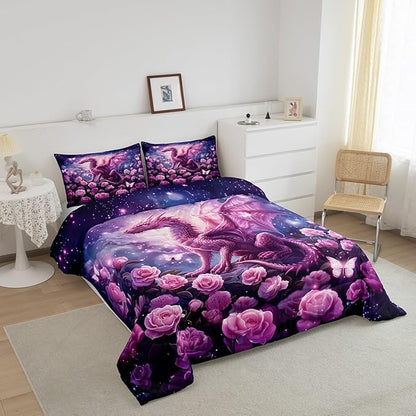 Pink Dragon Comforter Set Queen Size,Rose Flower Galaxy Butterfly Bedding Set for Kids Boys Girls Room Decor,Glitter Starry Sky Fantasy Duvet Insert 3Pcs,Wild Animal Nature Quilt Set,2 Pillowcases