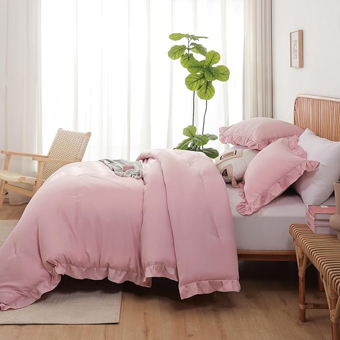JANZAA Full Comforter Set Baby Pink Ruffle Comforter with 2 Pillowcase Soft Full Size Bed Set Vintage Farmhouse Bed Comforter Set Fluffy Shabby Chic Bedding for All Season