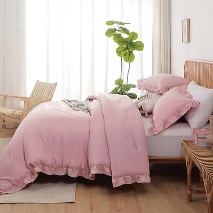 JANZAA Twin Comforter Set Baby Pink Ruffle Comforter with 1 Pillowcase Soft Twin Size Bed Set Vintage Farmhouse Bed Comforter Set Fluffy Shabby Chic Bedding for All Season
