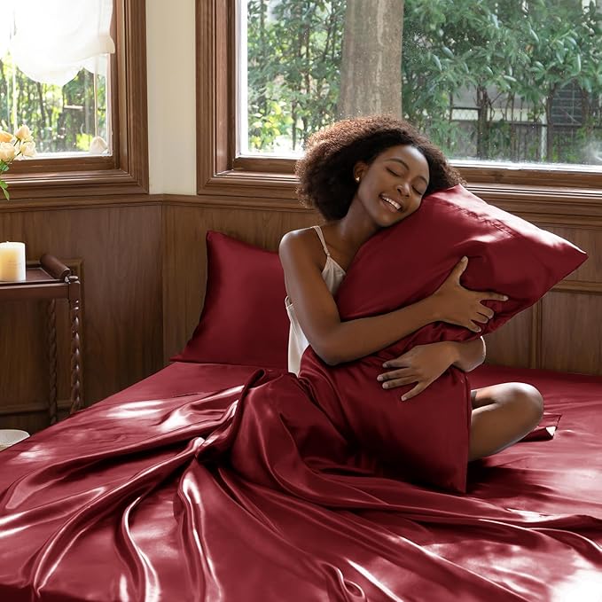 CozyLux Satin Sheets Twin Sheet Set - 3 Piece Silky Twin Bed Sheets, Luxury Burgundy Sheet Twin Size Bed Set with Smooth and Soft Microfiber, Includes 1 Fitted Sheet, 1 Flat Sheet and 1 Pillowcase