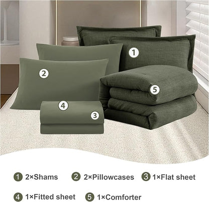 Geniospin Dark Olive Green Full Comforter Set - 7 Pieces Comforter Full Size, Solid Bedding Set for All Season, Textured Bed in a Bag with Sheets