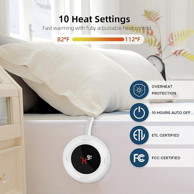 Gotcozy Heated Mattress Pad Twin XL Size - Electric Mattress Pad Fit up to 15‘’ with 10 Heat Setting & 10 Hour Auto Off ETL Certified Machine Washable(Blue)