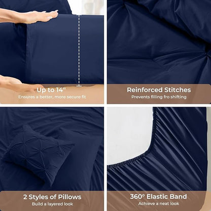Sasttie Twin XL Comforter Set, 5-Piece Bed in a Bag, Pintuck Bedding Sets for All Season, Includes Comforter, Flat Sheet, Fitted Sheet, Pillowcase and Pillowsham, Navy
