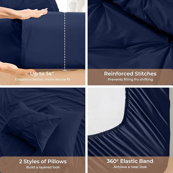 Sasttie Full Size Comforter Set, 7-Piece Bed in a Bag, Pintuck Bedding Sets for All Season, Includes Comforter, Flat Sheet, Fitted Sheet, Pillowcases and Pillowshams, Navy