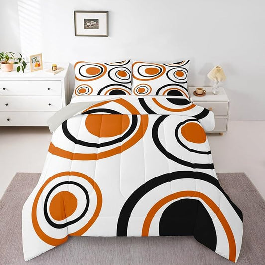Erosebridal Orange Abstract King Bedding Set Modern Geometric Circles Comforter Set for Adult Women Men Boho Art Aesthetic Striped Bed Collections Minimalist Black White Abstract Duvet Quilt Sets