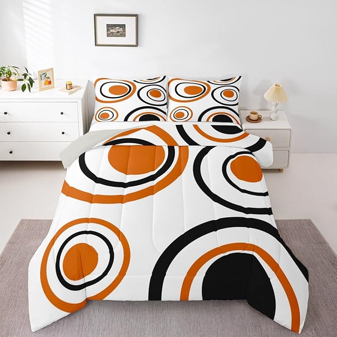 Erosebridal Orange Abstract Bedding Set Full Size Modern Geometric Circles Comforter Set for Adult Women Men Boho Art Aesthetic Striped Bed Sets Minimalist Black White Abstract Duvet Quilt Sets