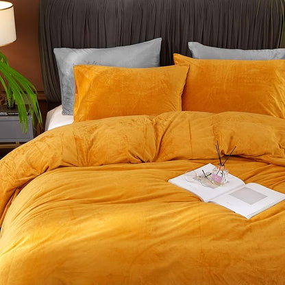Ivellow Velvet Flannel Duvet Cover King Size Gold Comforter Cover Set Ultra Soft Breathable Cozy Velour Solid Luxury Bedding Set Zipper Closure Corner Ties
