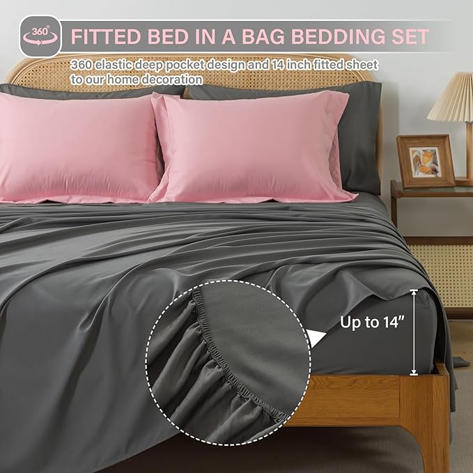 Cosybay Bed in a Bag Full Comforter Sets 7pcs All Season Solid Down Alternative Bedding Sets Pink and Grey with Comforter, Pillow Shams, Flat Sheet, Fitted Sheet and Pillowcases