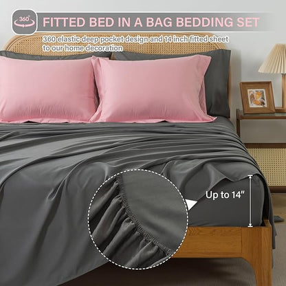 Cosybay Bed in a Bag King Comforter Sets 7pcs All Season Solid Down Alternative Bedding Sets Pink and Grey with Comforter, Pillow Shams, Flat Sheet, Fitted Sheet and Pillowcases