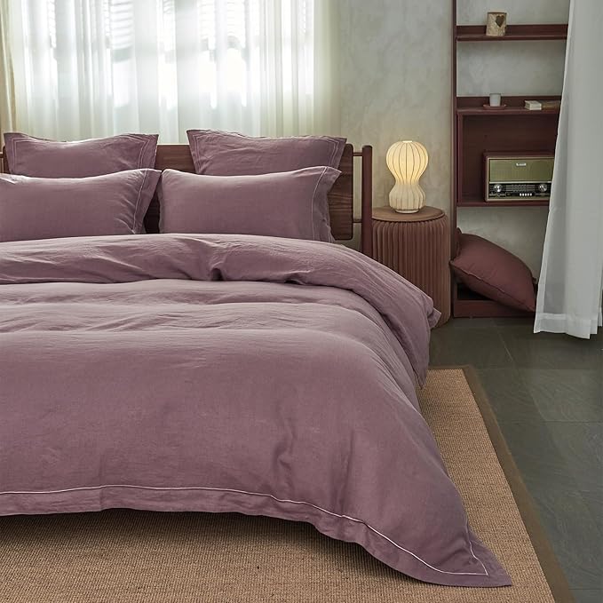 Simple&Opulence 100% Washed Linen Duvet Cover with Embroidered, 3 Pieces Soft Farmhouse Comforter Set with Button Closure,1 Duvet Cover and 2 Pillowshams(King,Purple)