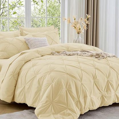Sasttie Twin Comforter Set, 5-Piece Bed in a Bag, Pintuck Bedding Sets for All Season, Includes Comforter, Flat Sheet, Fitted Sheet, Pillowcase and Pillowsham, Pale Yellow