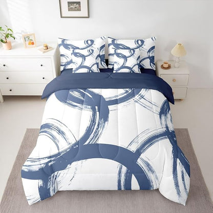 Erosebridal Blue and White 7 Piece Comforter Set Queen Abstract Line Ink Painting Bedding Set for Kids Boys Girls Simple Minimalist Graffiti Art Modern Geometric Sheet Set Boho Cool Unique Mens Quilt