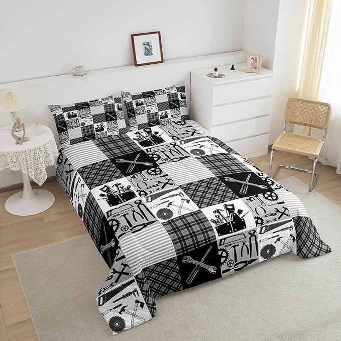 Castle Fairy Kids Boys Truck Bedding Set King Size Wrench Repair Outfit Comforter Farmhouse Gingham Check Comforter Set Gray White Duvet Set 3Pcs Quilt Set 1 Comforter Set with 2 Pillowcase
