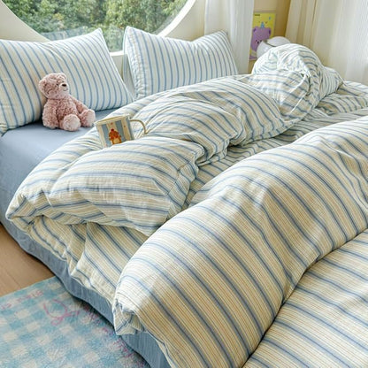 EAVD Vintage Striped Duvet Cover King Soft 100% Muslin Cotton Linen Feel Gauze Farmhouse Blue Vertical Striped Pattern Bedding Set for Men Women Reversible Geometric Duvet Cover with Zipper Closure