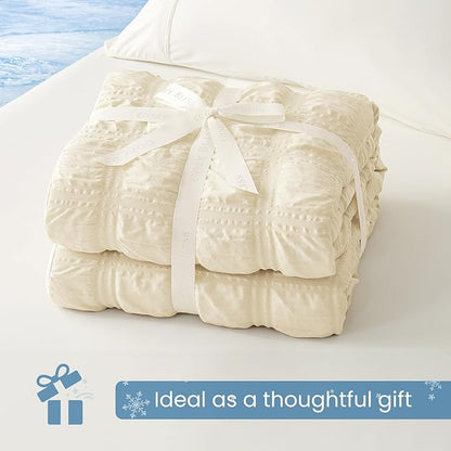 Cozy Bliss Cooling Comforter Seersucker Plaid Twin Size, Q-Max 0.45 Lightweight Cooling Blanket, Breathable Silk Smooth Summer Bedding Quilt for Hot Sleepers Night Sweats Khaki