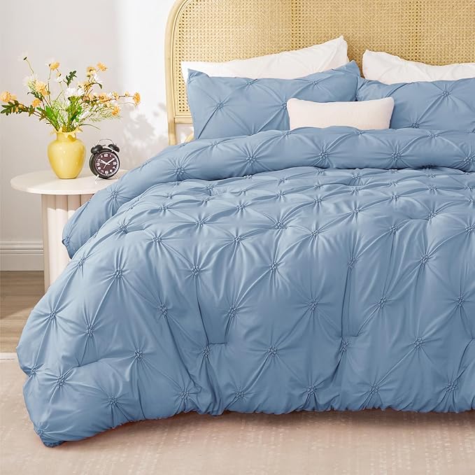 BEDELITE Cornflower Blue Twin Comforter Set - 2 Peices Boho Pintuck Bedding Comforter Sets, Lightweight Soft & Warm Twin Bedding Sets with 1 Pillowcase for All Season