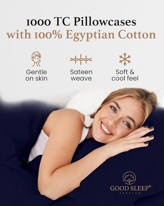 1000 TC Navy Blue King Pillowcases Set of 4 100% Egyptian Cotton Pillow Cases with Long Staple Cotton & Sateen Weave, Silky Soft Hotel - Like Bed Pillow Covers for Comfy Sleeping, Snug Fit
