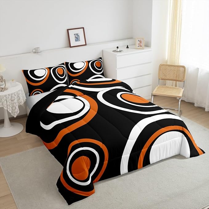 Erosebridal Orange Black Abstract Twin Bedding Sets for Adult Women Men Modern Striped Circles Comforter Set Boho Geometric Art Aesthetic Quilt Set Minimalist Black White Abstract Bed Collections