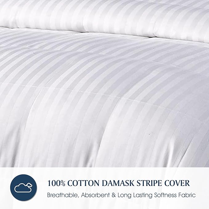 Blue Ridge Home Fashions 500 Thread Count Cotton Damask Duraloft Striped Down Alternative Lightweight Duvet Bed Comforter, Full/Queen, White