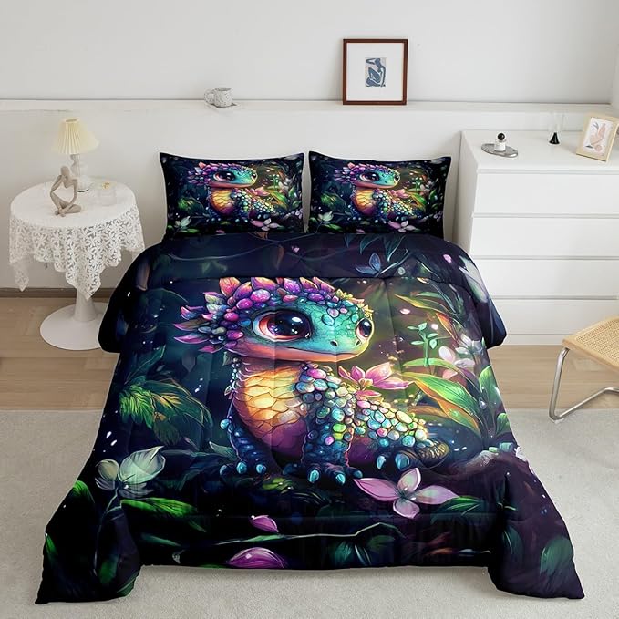 Feelyou Dragon Comforter Set Twin Size Dragon Stuff Comforter for Boys Girls Teens Wild Life Bedding Set Flower and Grass Duvet Set Room Decor Balck Green Quilt Set