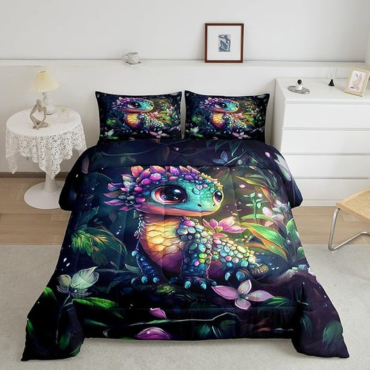 Feelyou Dragon Comforter Set Full Size Dragon Stuff Comforter for Boys Girls Teens Wild Life Bedding Set Flower and Grass Duvet Set Room Decor Balck Green Quilt Set