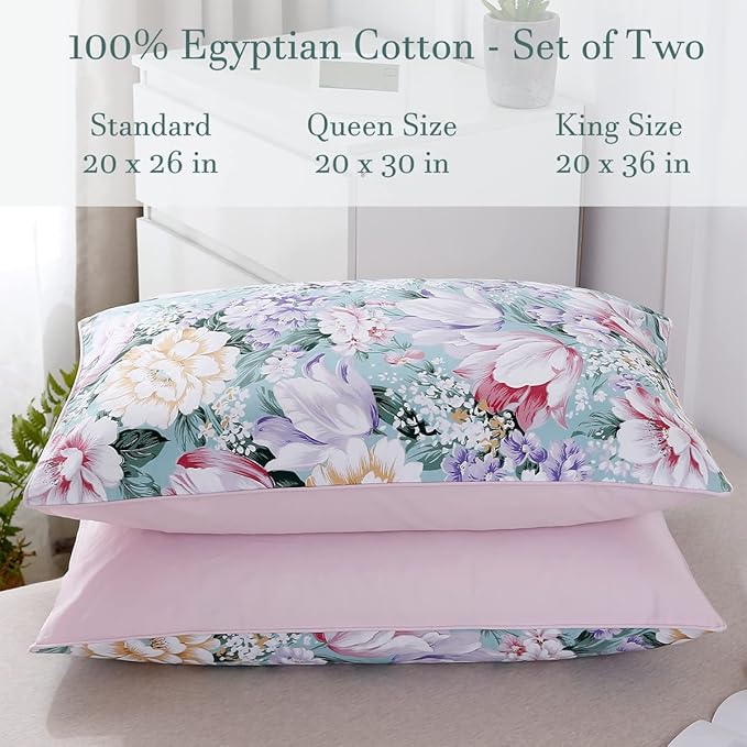 WINLIFE 100% Cotton Pillowcases Garden Floral Printed Pillow Cases Set of 2 Aqua Yellow Lavender Purple Flowers Print Pillow Cover (Standard 20 x 26'', Purple Fowers)