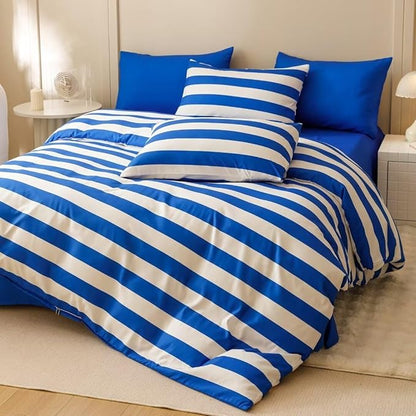 CLOTHKNOW Striped Full Size Comforter Set 3Pcs Blue White Bedding Comforter Sets Farmhouse Bedding Soft Comforter with 2 x Pillow Cases