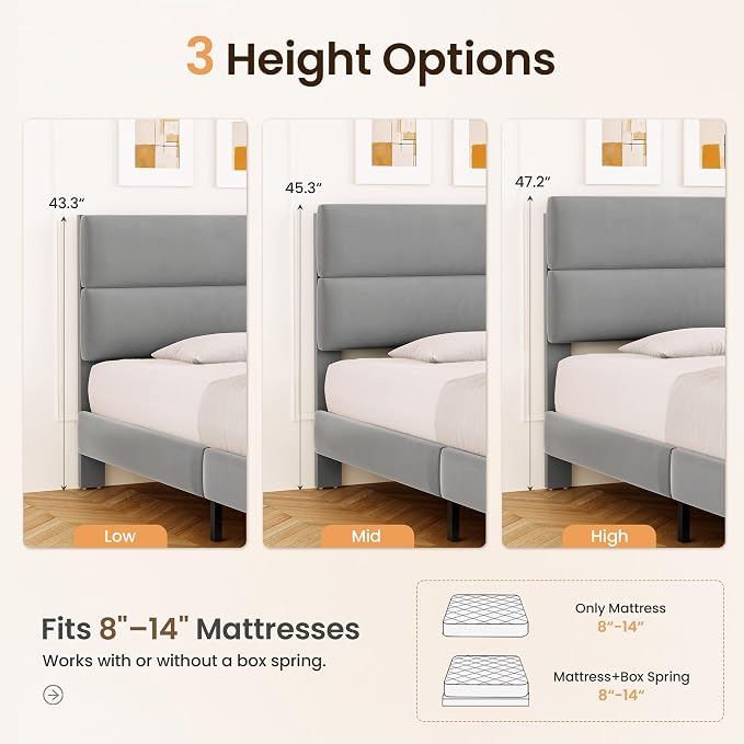 GRUSIGN Queen Size Platform Bed Frame with Velvet Headboard, Adjustable Height Wooden Slats Support, Upholstered Mattress Foundation, Fits Mattress or Mattress with Box Spring, Easy Assembly, Grey
