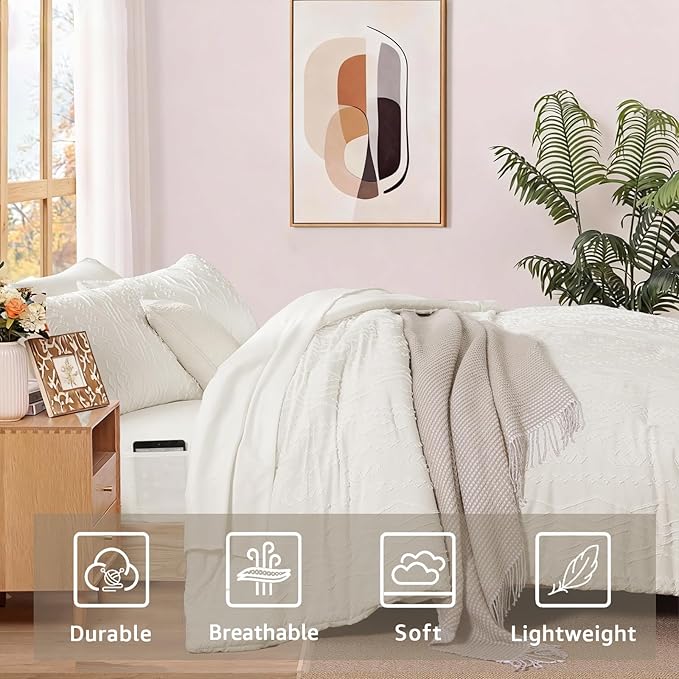 WRENSONGE Full Size Comforter Set with Sheets - 7 Pieces White Tufted Bed in a Bag Full Shabby Chic Bedding Sets with 1 Comforter, 2 Sheets, 2 Pillowcases & 2 Shams