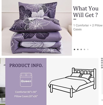 Menghomeus Queen Comforter Set Dark Purple Floral Bedding Comforter Sets - Soft Microfiber Bed Comforter Set for All Season, 3 Piece Botanical Flowers Comforter, Pillowcases