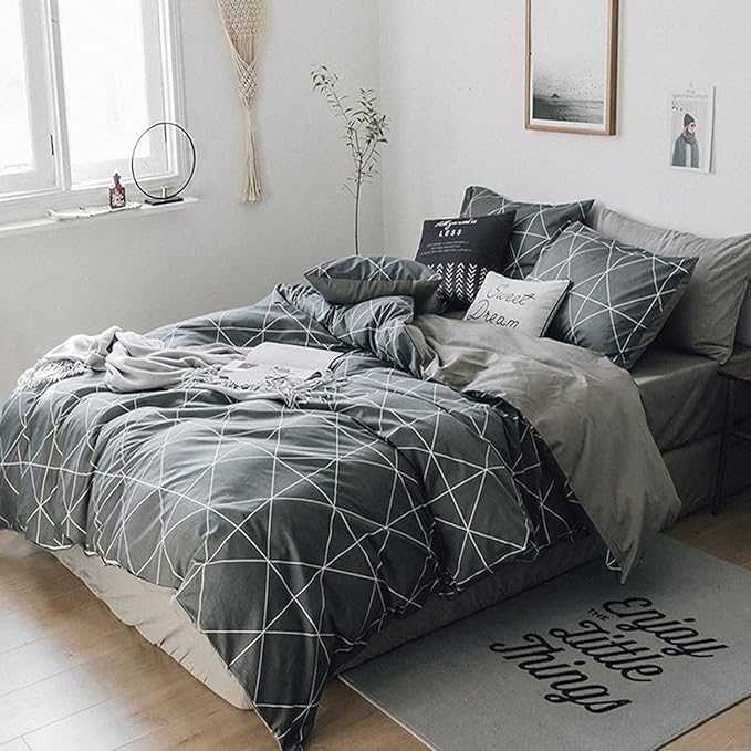 mixinni Full Size Comforter Set Soft Geometric Grey Geometric Checkered Plaid Printed Bedding Comforter for Men Boys, 1 Soft Microfiber Reversible Comforter with 2 Pillowcases for All Seasons