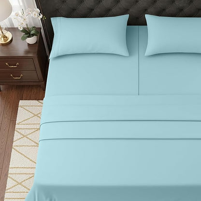 Elegant Comfort Luxurious 1500 Premium Hotel Quality Microfiber Three Line Embroidered Softest 5-Piece Bed Sheet Set, Wrinkle and Fade Resistant, Split King, Aqua