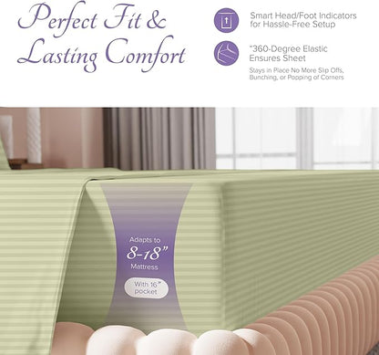 Carressa Linen 100% Egyptian Cotton King Size Sheet Set - Striped 600 Thread Count Egyptian Cotton Sheets King Size (Sage Green), Silky Soft, Cooling, Sateen Weave 16" Deep Pocket Damask Hotel Sheet