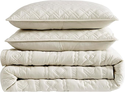WDCOZY Beige Boho Queen Size Quilt Bedding Set with 2 Pillow Shams, Farmhouse Lightweight Soft Bedspread Coverlet for All Season, 3 Pieces, 90x90 inches