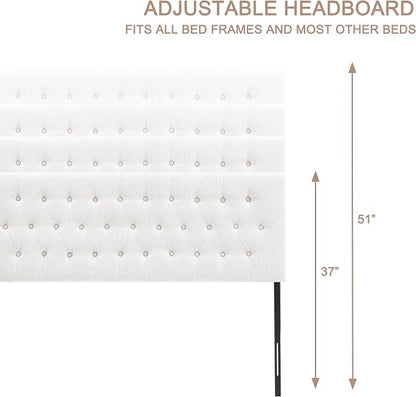 Upholstered Headboard California King, Adjustable Height 37''- 51'', White | Sturdy Durable Solid Wood Bed Headboard, Tufted Fabric California King Headboard, Modern Button Diamond Design Head Board