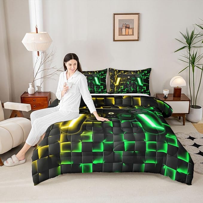 Erosebridal Gaming Full Bedding Sets for Kids Boys Gamer Comforter Set 3D Neon Lights Ombre Geometric Checkered Gamepad Quilt Comforter Lightweight Gamer Bed Duvet Set for All Season,Green Gold