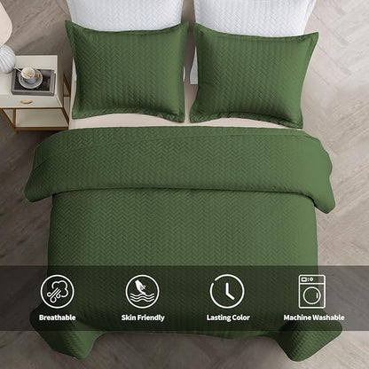 Maple&Stone Quilt Set King Size, Lightweight Olive Green Bedspread Ultrasonic Chevron Pattern Light Coverlet for All Season Comforter Bedding Decor - 3 Piece King Bed Cover Sets
