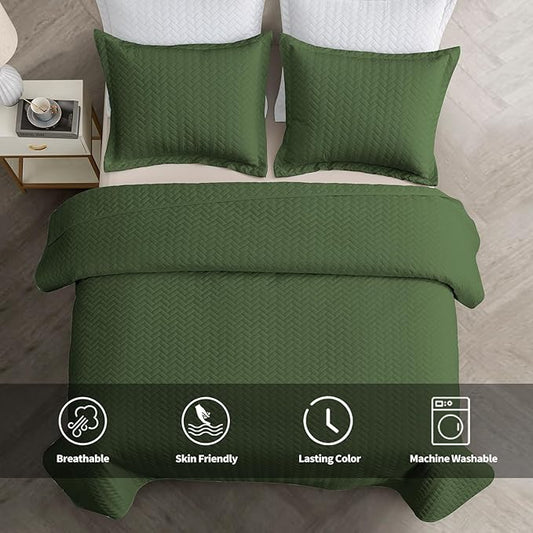 Maple&Stone Quilt Set King Size, Lightweight Olive Green Bedspread Ultrasonic Chevron Pattern Light Coverlet for All Season Comforter Bedding Decor - 3 Piece King Bed Cover Sets