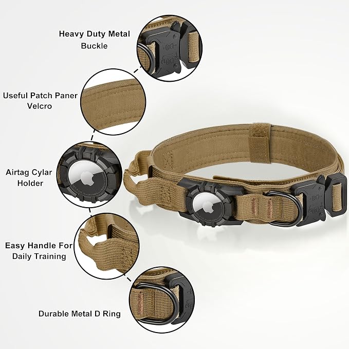 Tactical AirTag Dog Collar - Heavy Duty, Adjustable GPS Collar | Compatible with Apple AirTag, with Holder & Control Handle for Medium/Large Dogs [ Brown, M ]